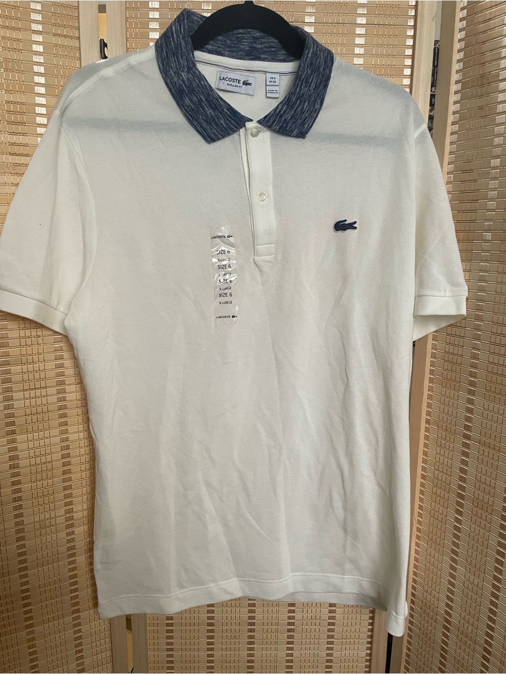Lacoste Men’s White Polo with Heather Navy Collar shirt XL